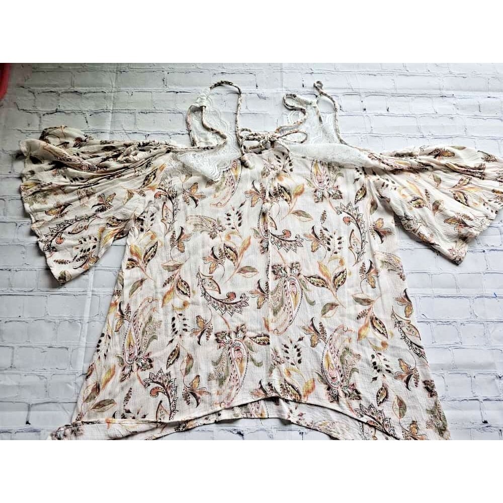 J.Jill Women’s Lace Trim Paisley Boho Top Size L Cream Multicolor Peasant Blouse